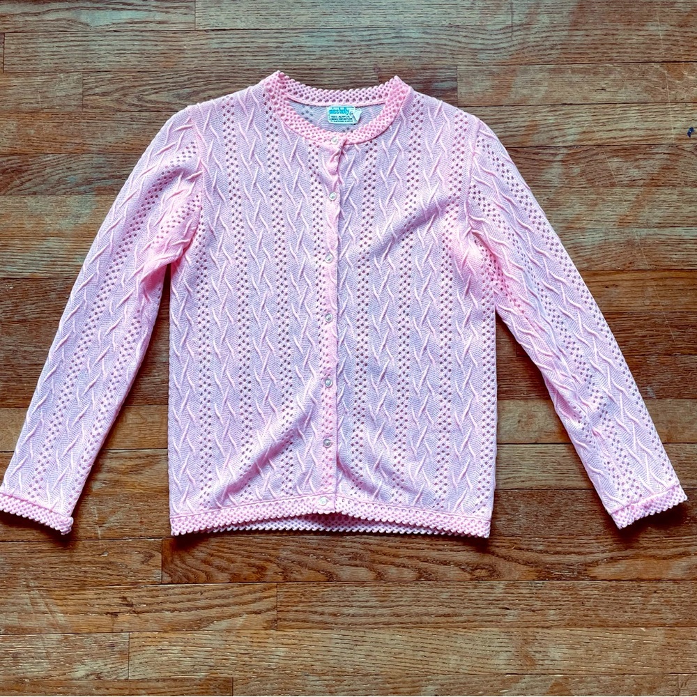 Vintage 60s 70s Miss Holly Pink Crochet Long Sleeve Spring Cardigan Sweater S